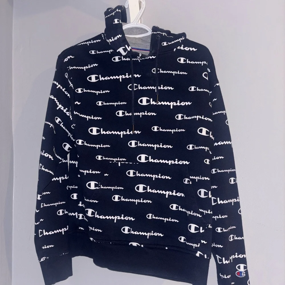 Champion Navy Hoodie with Logo Pattern - Picture 1 of 3